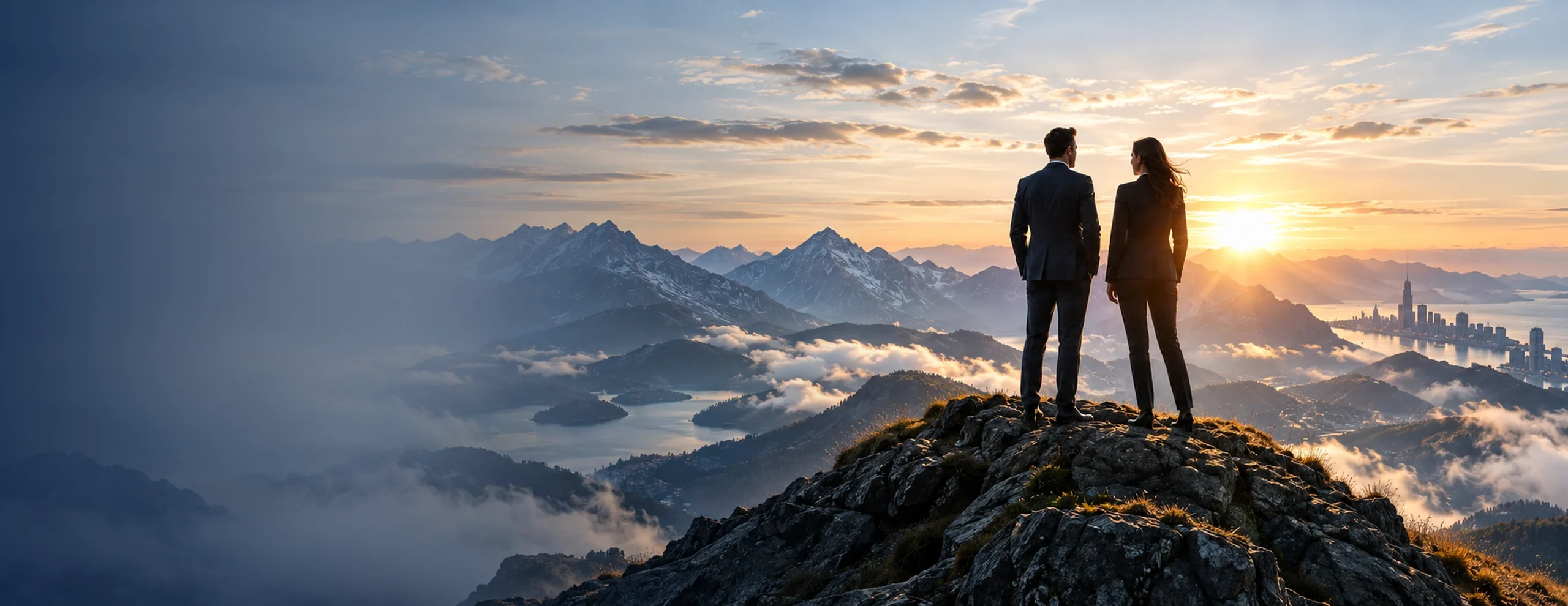 Zwei Führungskräfte auf einem Berggipfel blicken bei Sonnenaufgang über Berge und eine Stadt